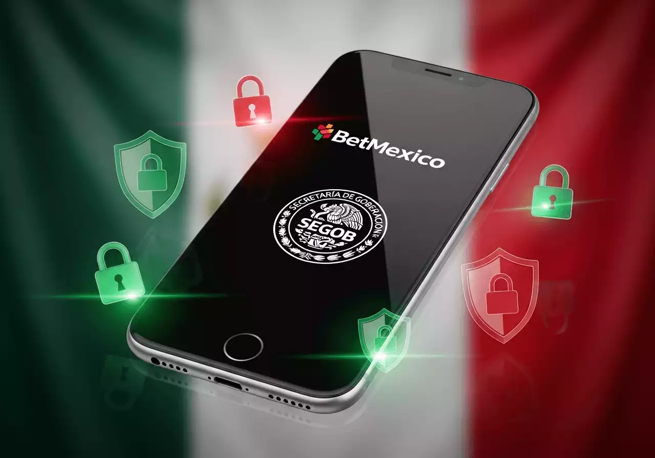 Smartphone con la app BetMexico y sello de SEGOB